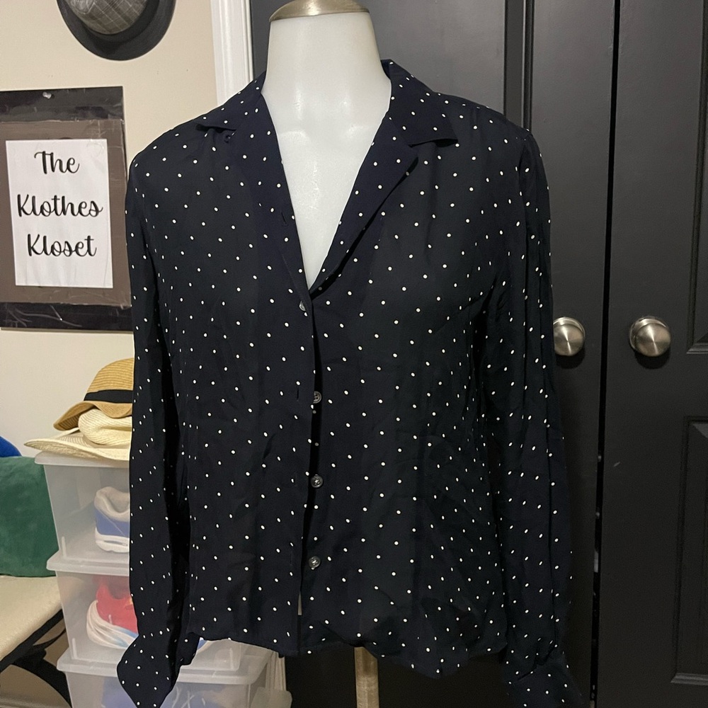Ralph Lauren Navy Blouse with Cream Dots